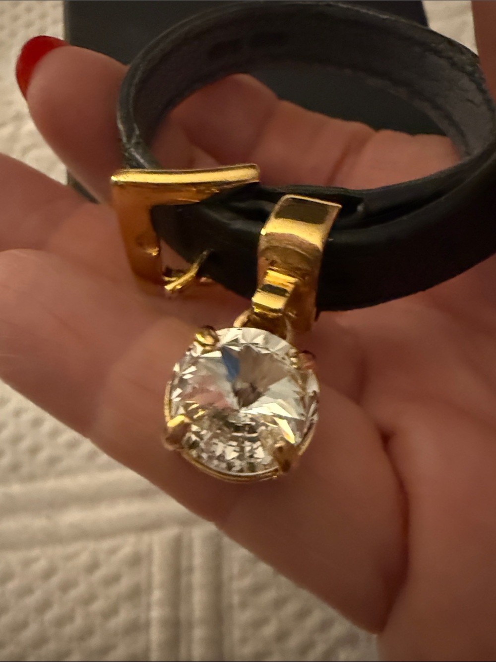 Miu Miu Black Leather Bracelet with Gold Hardware and Crystal Charm - Picture 5 of 7